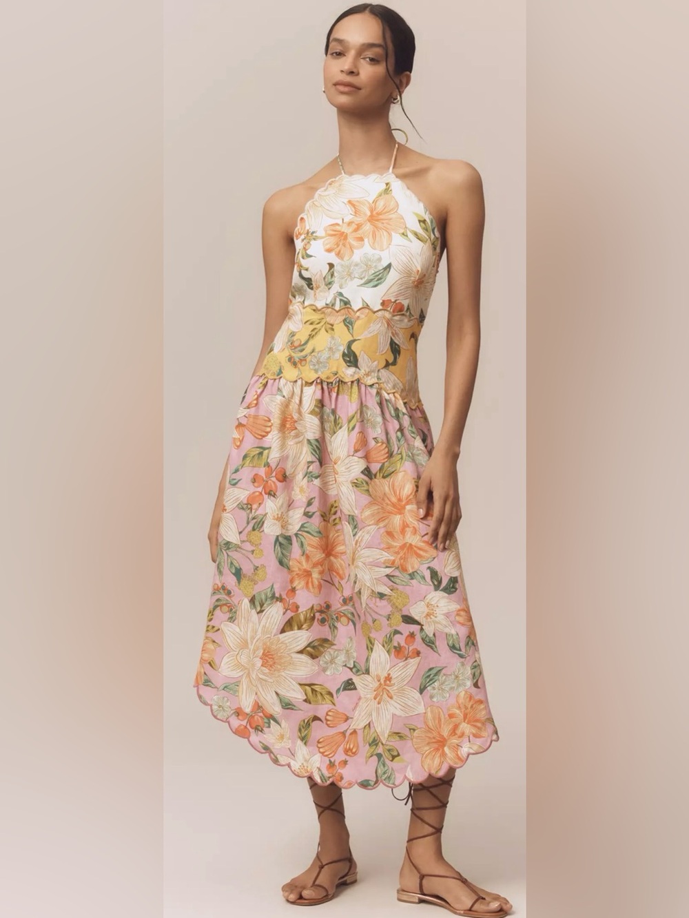 FARM Rio Floral Guaragarden Linen Floral Midi Dress Halter Small Size S NWT $280